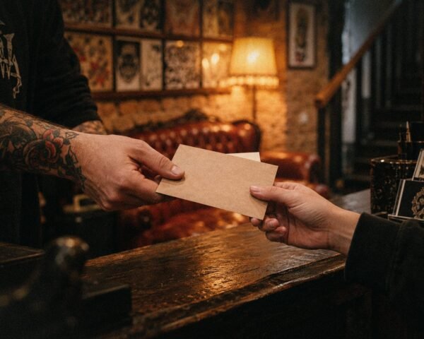 One person hands another an envelope across a wooden counter